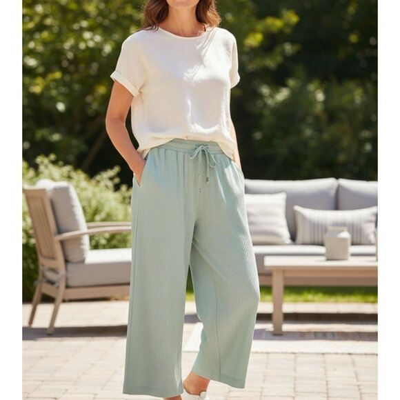 All In Motion Womens Green Ribbed Wide Leg Lounge Pants Stretch Pockets Medium - Picture 2 of 9